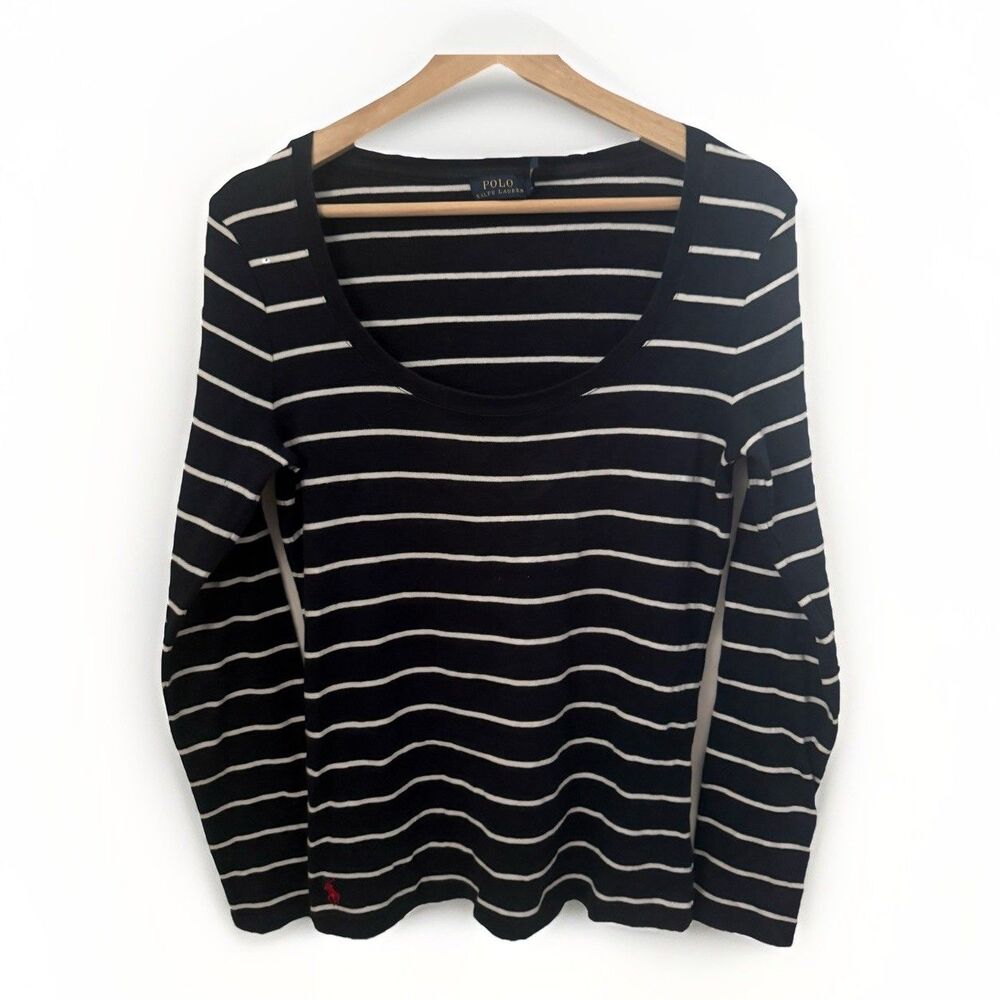 Ralph Lauren Womens Navy Blue Long Sleeve Scoop Neck T Shirt Top Polo Pony Lg
